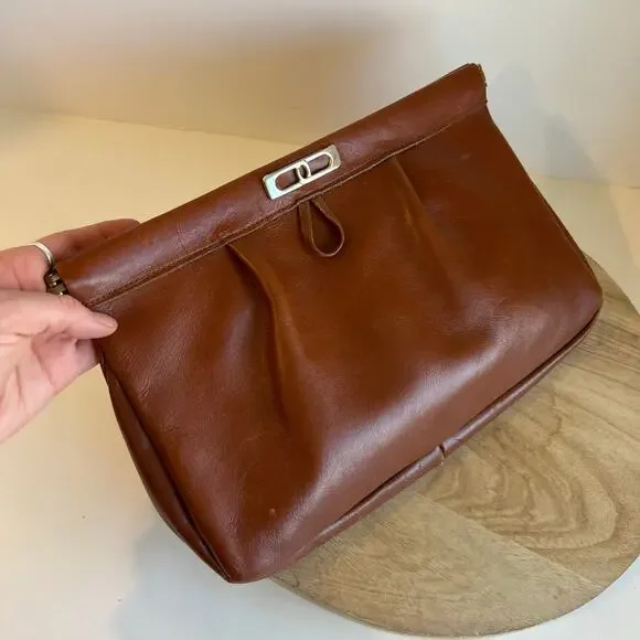 Vintage 90s Tan Genuine Leather Snap Closure Clutch Evening Bag - Picture 11 of 12